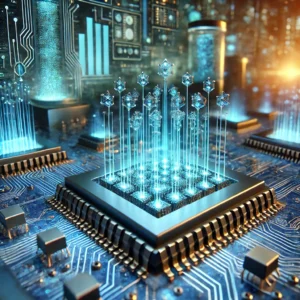 Futuristic concept of nanoscale 3D transistors featuring vertical nanowires and ultrathin semiconductor materials, showcasing energy-efficient, high-performance electronics in a high-tech environment.